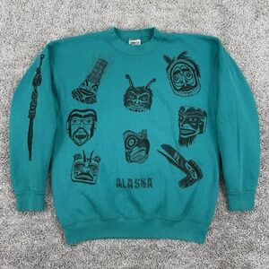 Vintage Oneita Power Sweats Sweatshirt Men's L Made In USA Alaska Tribal AOP